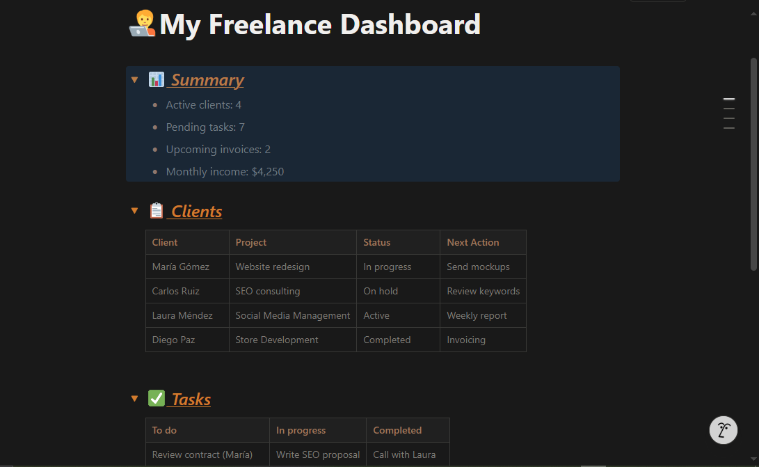 Freelance dashboard overview