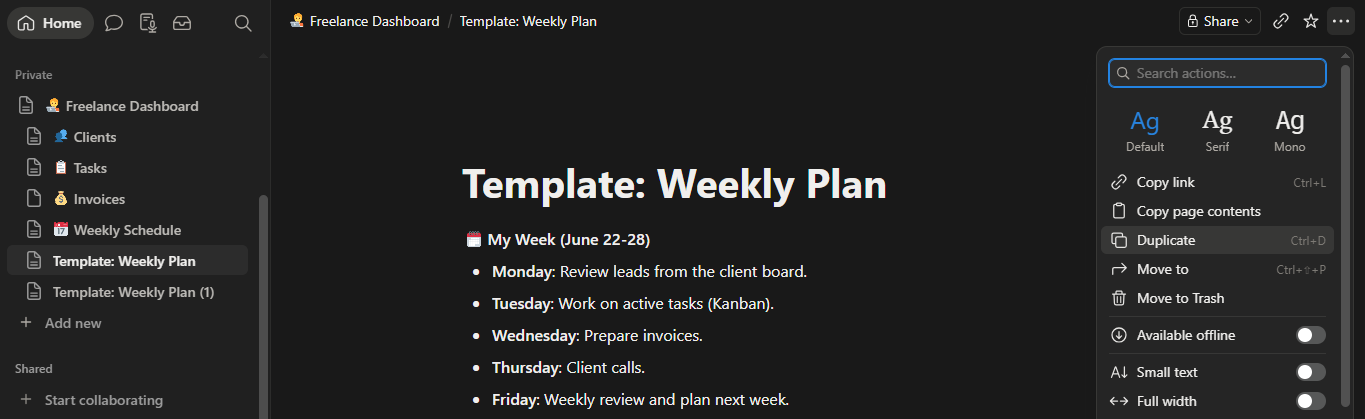 Weekly template duplicate
